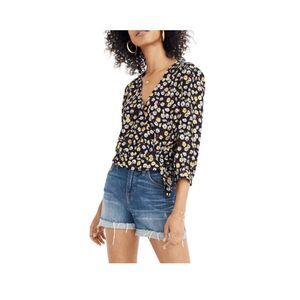 Madewell Wrap Top in French Floral True Black with Yellow Red White Size Small